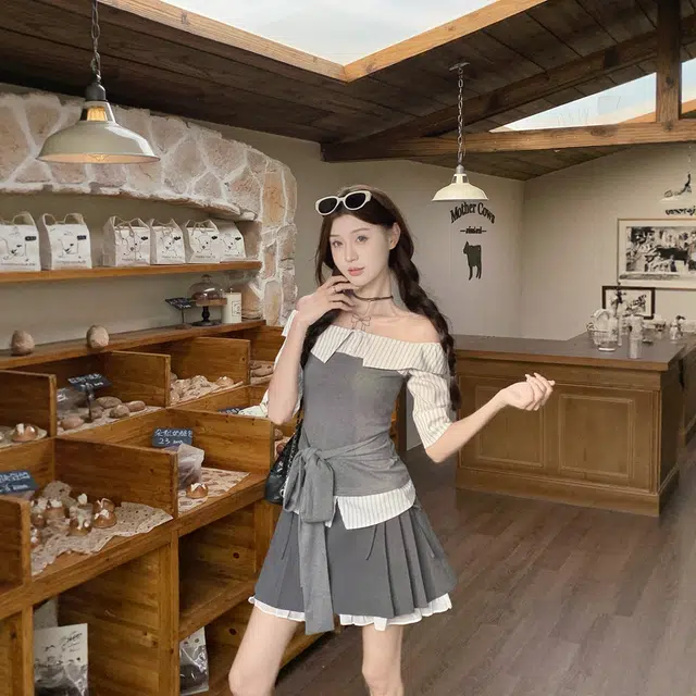 费尔岛上的猫 学院风拼接绑带设计感上衣半身裙组合裙装套装 女款