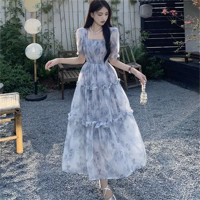 依钗 复古温柔风领碎花收腰显瘦木耳边舒适浪漫歇歇裙装短袖连衣裙 女款