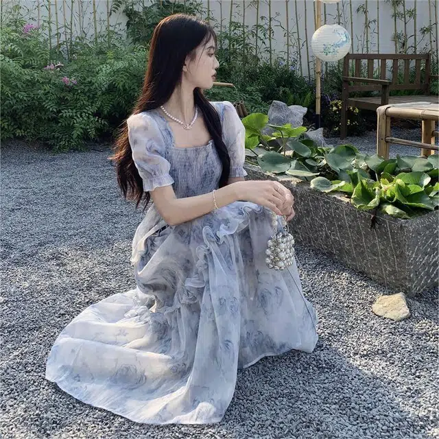 依钗 复古温柔风领碎花收腰显瘦木耳边舒适浪漫歇歇裙装短袖连衣裙 女款