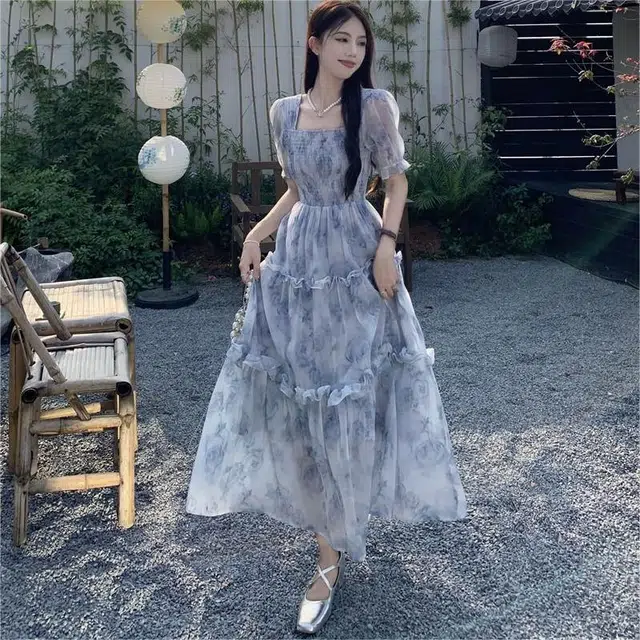 依钗 复古温柔风领碎花收腰显瘦木耳边舒适浪漫歇歇裙装短袖连衣裙 女款