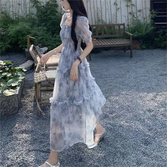 依钗 复古温柔风领碎花收腰显瘦木耳边舒适浪漫歇歇裙装短袖连衣裙 女款