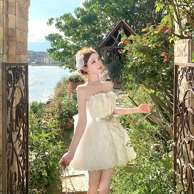 沐晓欣 法式名媛轻奢抹胸裙一字肩夏季气质收腰公主蓬蓬短裙子无袖连衣裙 女款