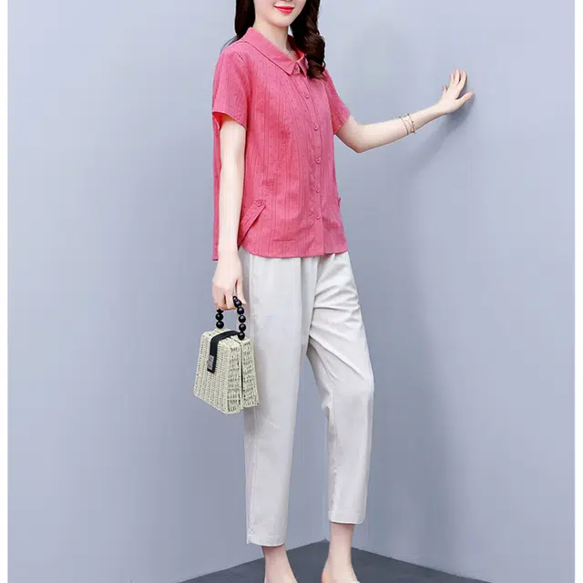 沐晓欣 简约通勤复古小个子设计感减龄短袖长裤两件套休闲套装 女款