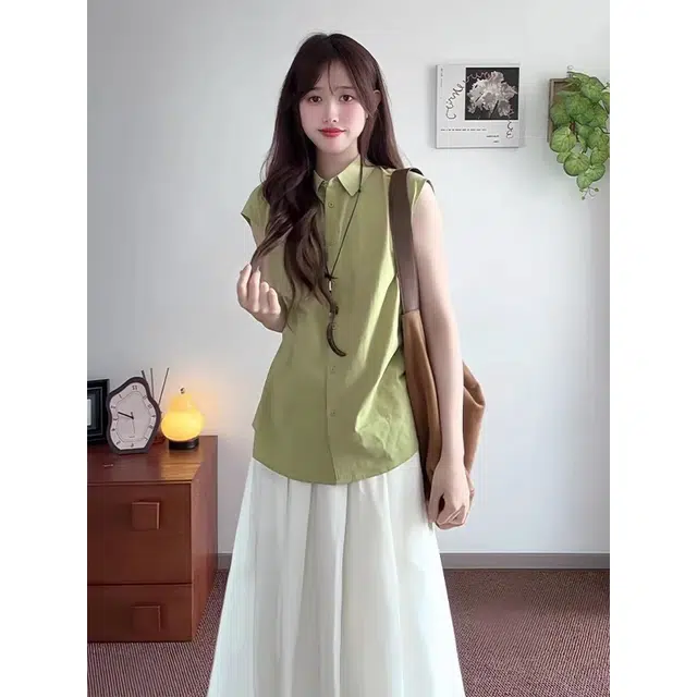 沐晓欣 薄款翻领坎肩衬衣小个子休闲上衣半身裙裙装套装 女款