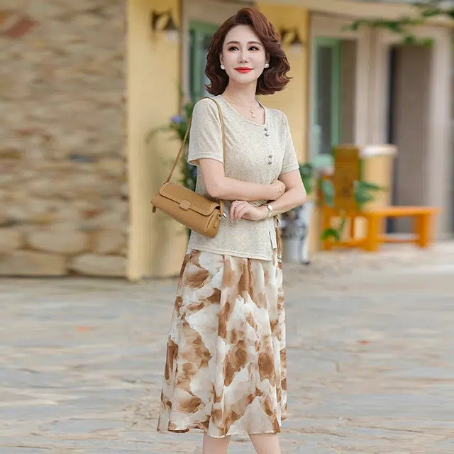 沐晓欣 妈妈夏装时尚中老年女气质显瘦短袖小衫印花半身裙两件套 裙装套装 女款