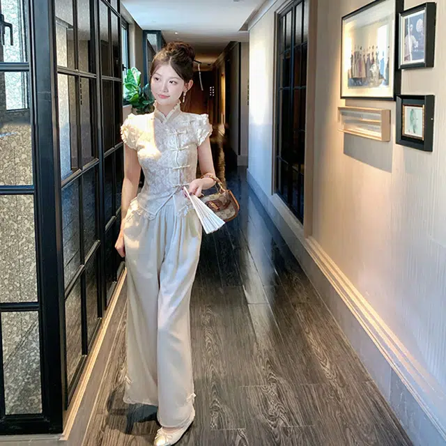 沐晓欣 新中式国风设计感蕾丝边盘扣上衣夏季高腰显瘦阔腿裤两件套女休闲套装 女款