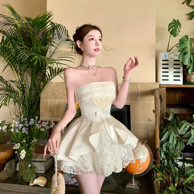 沐晓欣 法式名媛轻奢抹胸裙一字肩夏季气质收腰公主蓬蓬短裙子无袖连衣裙 女款