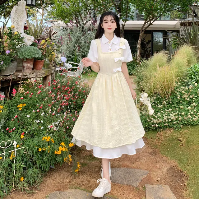 沐晓欣 少女夏装初中高中学生甜美新中式长裙子短袖连衣裙 女款 黄色