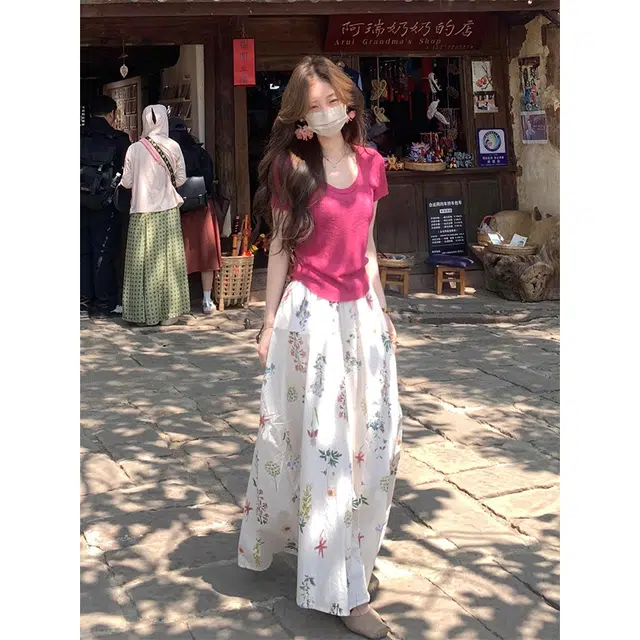 沐晓欣 韩系穿搭树莓粉针织衫高腰显瘦半身裙两件套裙装套装 女款