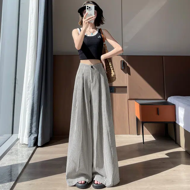 沐晓欣 时尚阔腿裤高腰宽松拖地休闲裤 女款 条纹