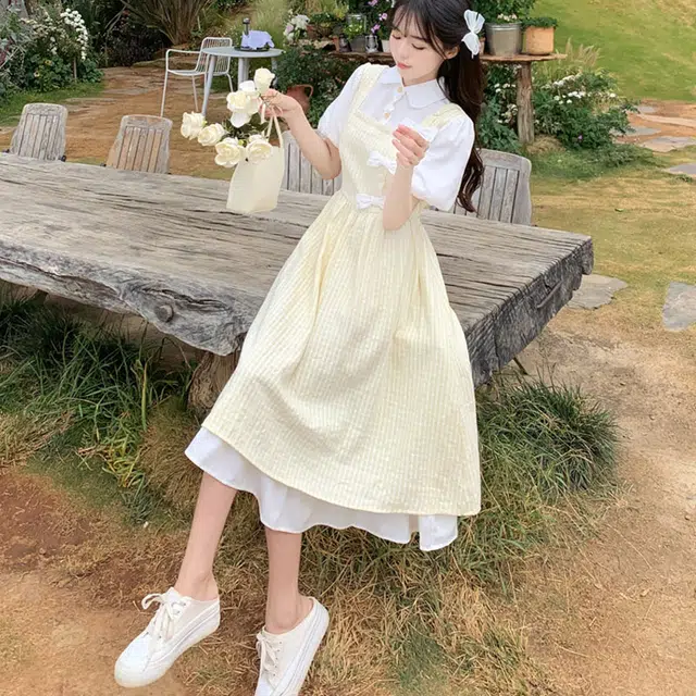 沐晓欣 少女夏装初中高中学生甜美新中式长裙子短袖连衣裙 女款 黄色