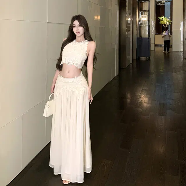 沐晓欣 蕾丝拼接纯欲修身无袖背心女夏季设计感高腰半身裙两件套裙装套装 女款
