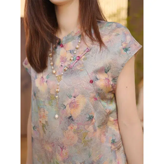 沐晓欣 新中式提花上衣夏季碎花小衫国风印花短袖衬衫 女款