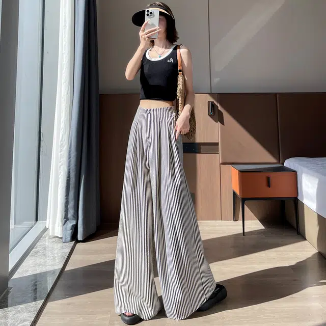 沐晓欣 时尚阔腿裤高腰宽松拖地休闲裤 女款 条纹