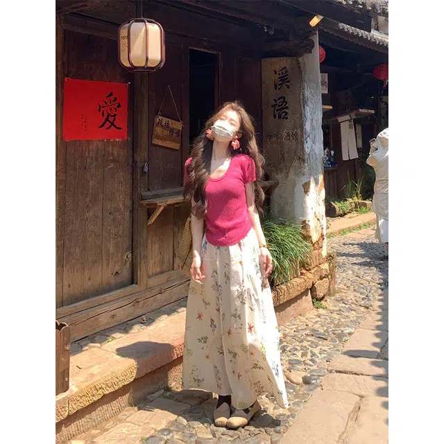 沐晓欣 韩系穿搭树莓粉针织衫高腰显瘦半身裙两件套裙装套装 女款