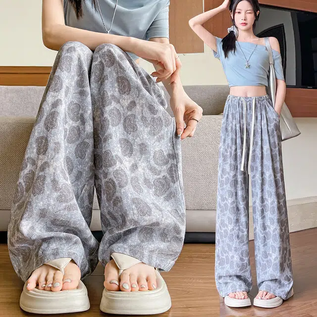 沐晓欣 老钱风油画款高腰宽松窄版松紧腰显瘦夏季百搭裤女休闲裤 女款