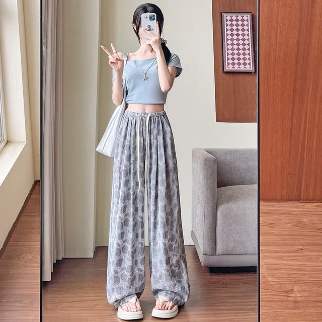 沐晓欣 老钱风油画款高腰宽松窄版松紧腰显瘦夏季百搭裤女休闲裤 女款