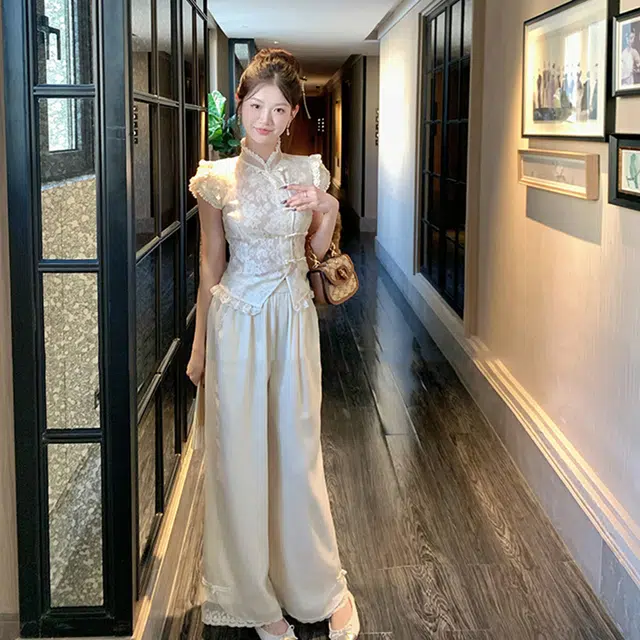 沐晓欣 新中式国风设计感蕾丝边盘扣上衣夏季高腰显瘦阔腿裤两件套女休闲套装 女款