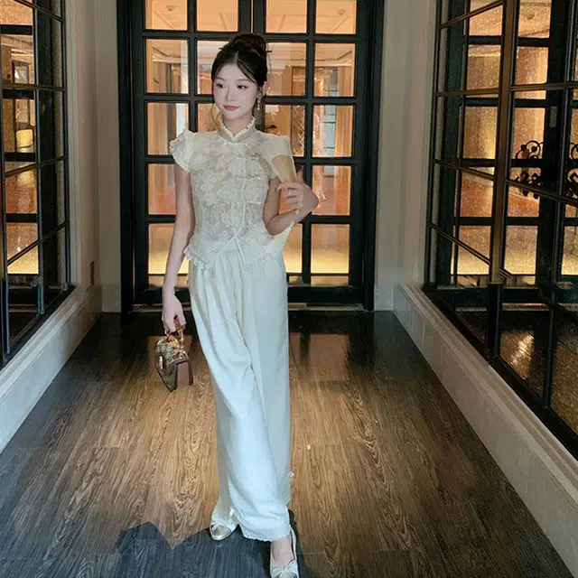 沐晓欣 新中式国风设计感蕾丝边盘扣上衣夏季高腰显瘦阔腿裤两件套女休闲套装 女款