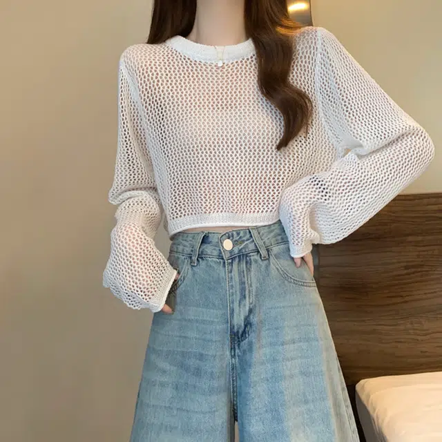 沐晓欣 韩版时尚圆领短款镂空长袖防晒罩衫针织衫 女款