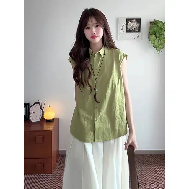 沐晓欣 薄款翻领坎肩衬衣小个子休闲上衣半身裙裙装套装 女款