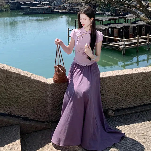 沐晓欣 新中式绣花镂空上衣宽松简约半身裙裙装套装 女款 紫色
