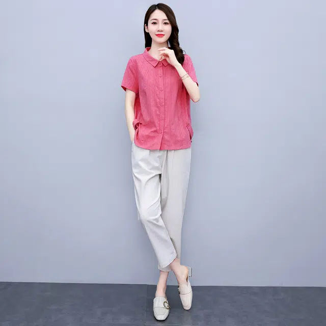 沐晓欣 简约通勤复古小个子设计感减龄短袖长裤两件套休闲套装 女款
