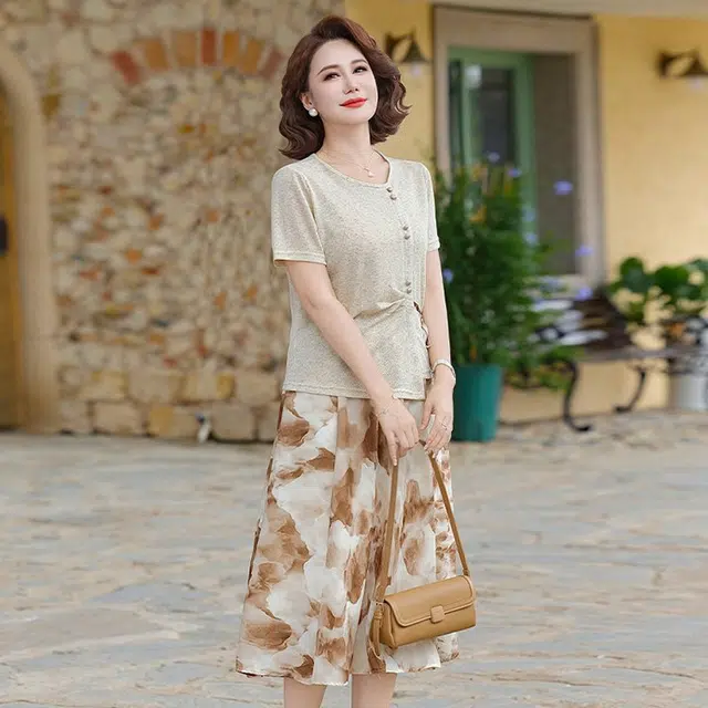 沐晓欣 妈妈夏装时尚中老年女气质显瘦短袖小衫印花半身裙两件套 裙装套装 女款
