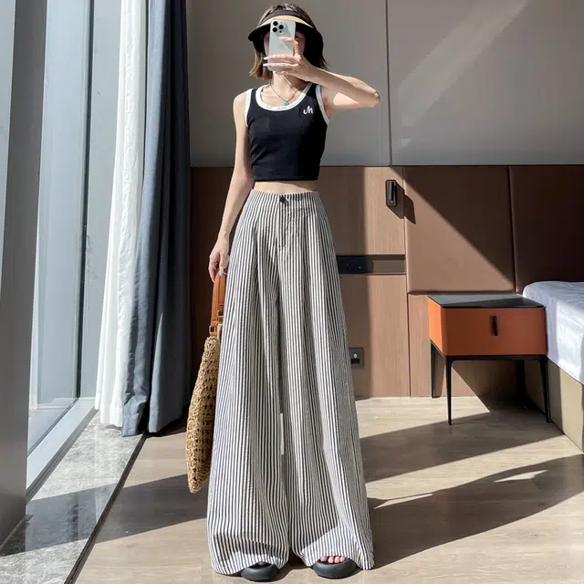 沐晓欣 时尚阔腿裤高腰宽松拖地休闲裤 女款 条纹