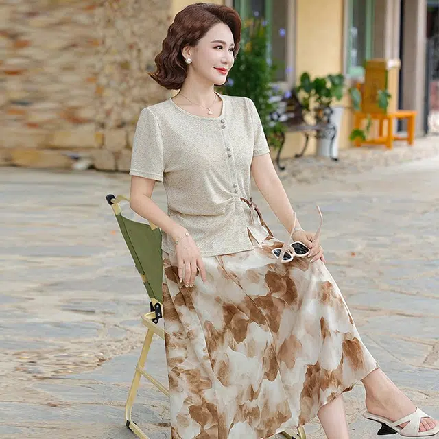 沐晓欣 妈妈夏装时尚中老年女气质显瘦短袖小衫印花半身裙两件套 裙装套装 女款