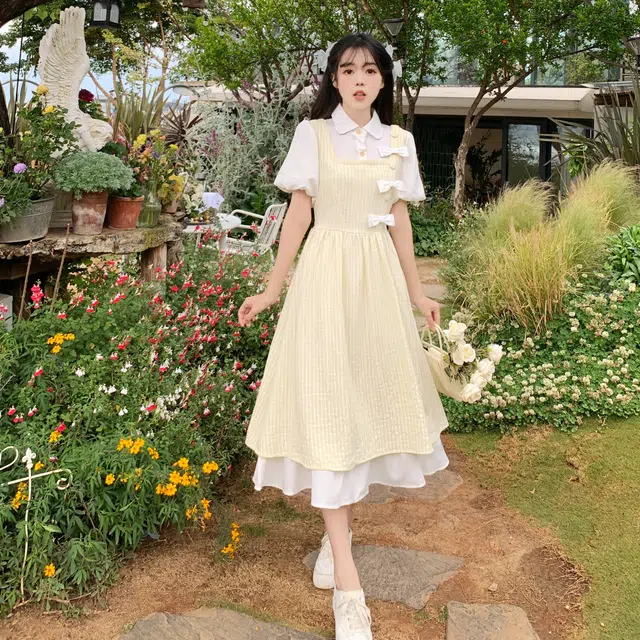沐晓欣 少女夏装初中高中学生甜美新中式长裙子短袖连衣裙 女款 黄色