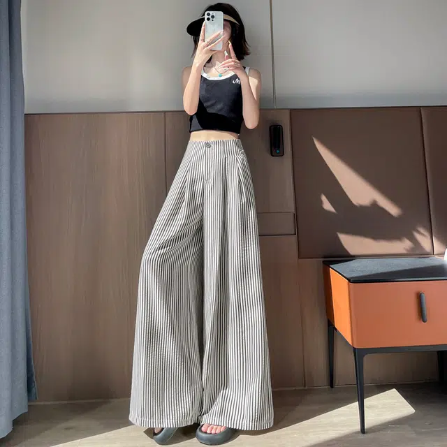 沐晓欣 时尚阔腿裤高腰宽松拖地休闲裤 女款 条纹