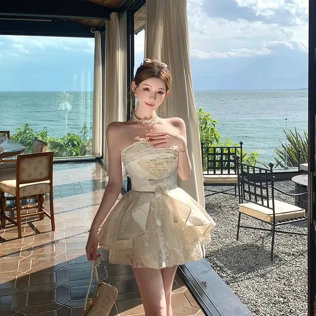 沐晓欣 法式名媛轻奢抹胸裙一字肩夏季气质收腰公主蓬蓬短裙子无袖连衣裙 女款