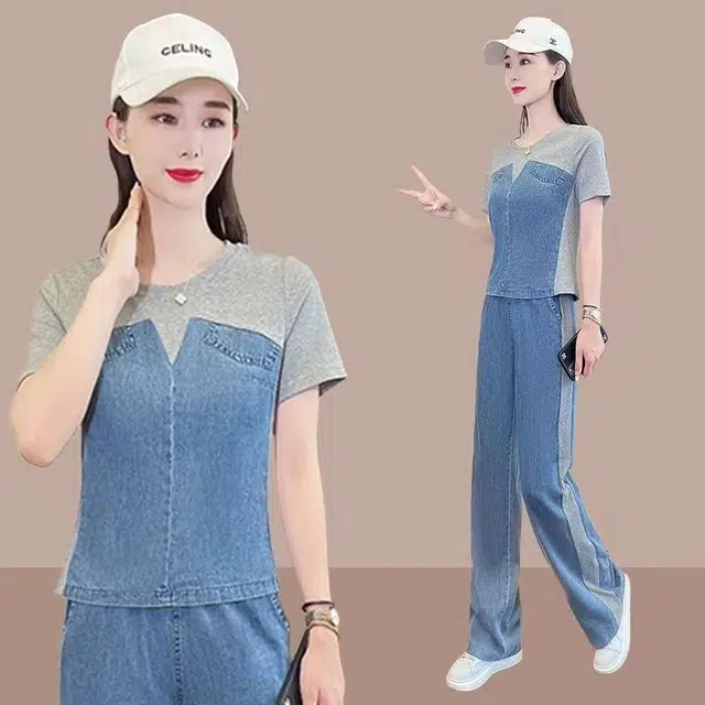 沐晓欣 撞色拼接牛仔薄款夏季时尚显瘦阔腿裤两件套休闲套装 女款