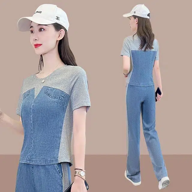 沐晓欣 撞色拼接牛仔薄款夏季时尚显瘦阔腿裤两件套休闲套装 女款