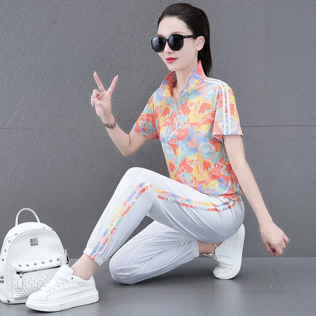 沐晓欣 印花运动服夏季时尚洋气高档显瘦短袖两件套修身休闲套装 女款