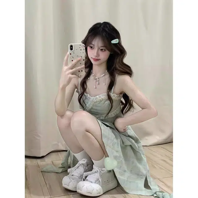 沐晓欣 时尚舒适百搭吊带连衣裙 女款 浅绿色