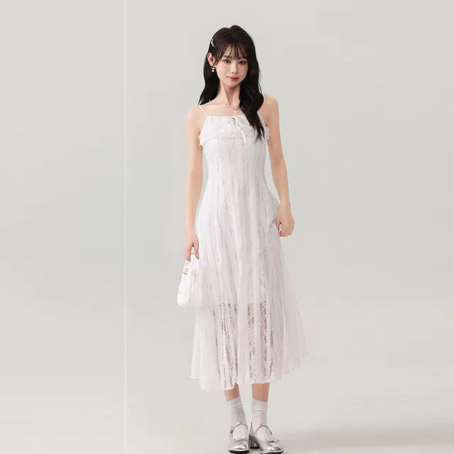 沐晓欣 立体花朵蕾丝显瘦收腰初恋小白裙吊带连衣裙 女款 白色