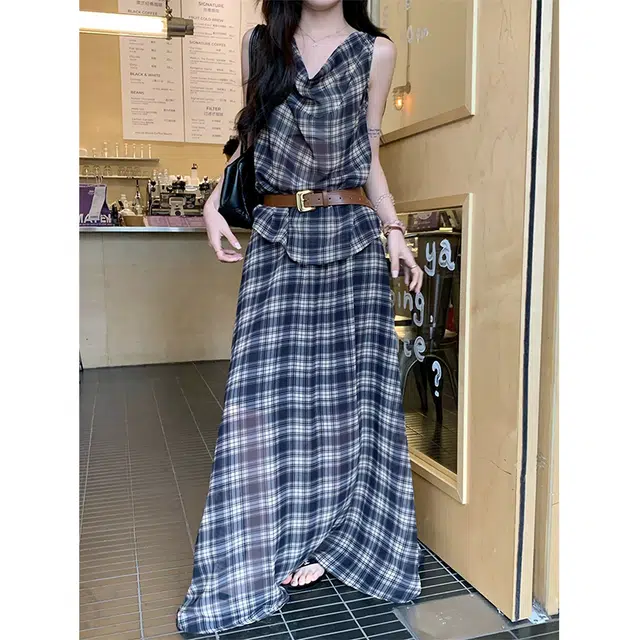沐晓欣 韩系荡领格子背心高腰显瘦半身时尚潮裙装套装 女款