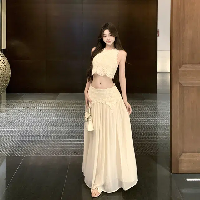 沐晓欣 蕾丝拼接纯欲修身无袖背心女夏季设计感高腰半身裙两件套裙装套装 女款
