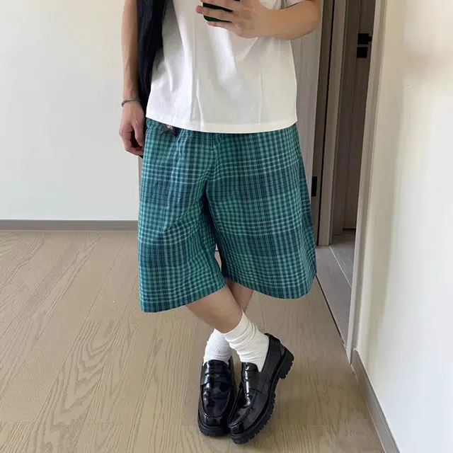 拾个壹先生 日系复古格子宽松直筒百搭五分裤潮休闲短裤 男女同款