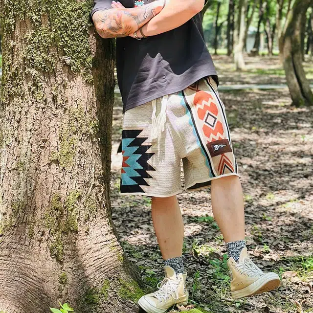 拾个壹先生 复古纳瓦霍针织夏季印第安民族风几何沙滩抽绳休闲短裤 男女同款