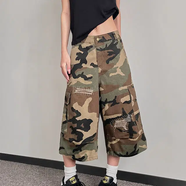 拾个壹先生 美式复古破洞补丁迷彩休闲宽松百搭七分裤牛仔短裤 男女同款