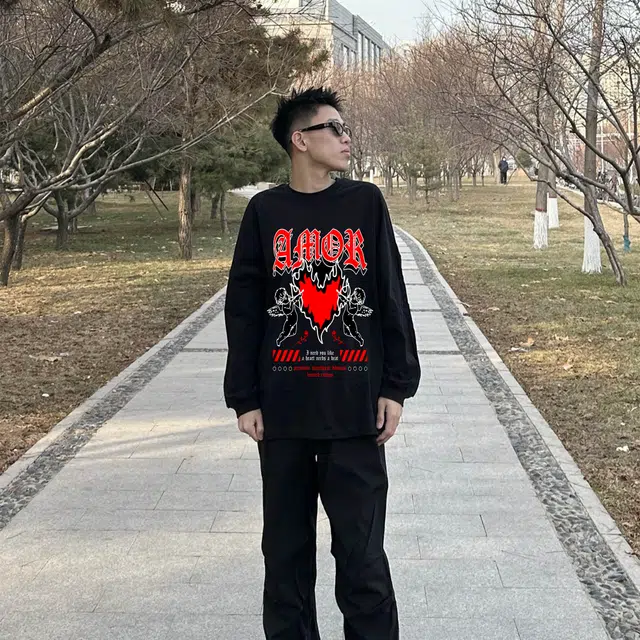 【丘比特之箭】拾个壹先生 美式复古卡通心型图案印花宽松休闲运动情侣圆领套头百搭卫衣 男女同款