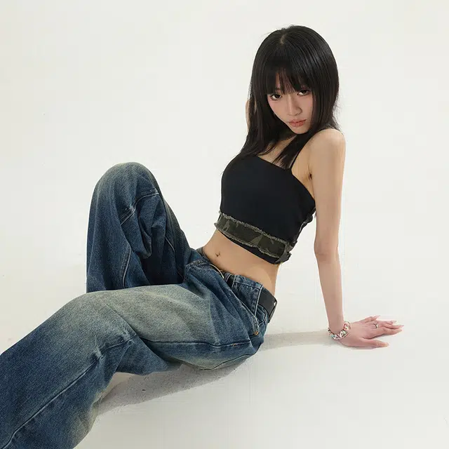 拾个壹先生 美式复古阔腿裤高腰直筒水洗做旧休闲显瘦百搭拖地牛仔裤 男女同款