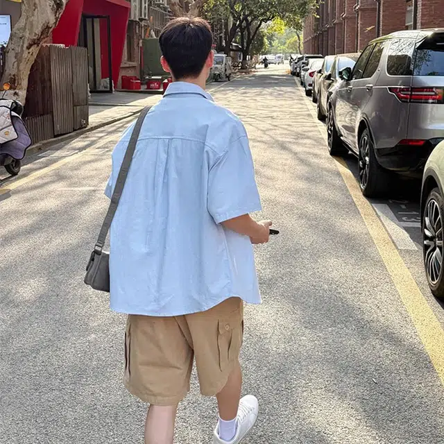 拾个壹先生 纯色简约翻领纯棉宽松百搭夏季休闲短袖衬衫 男女同款
