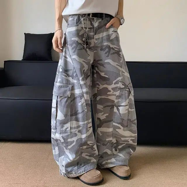 拾个壹先生 美式高街灰白迷彩水洗阔腿弯刀潮流宽松休闲百搭工装裤 男女同款