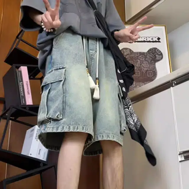 拾个壹先生 新中式国风工装阔腿潮牌休闲五分牛仔短裤 男女同款
