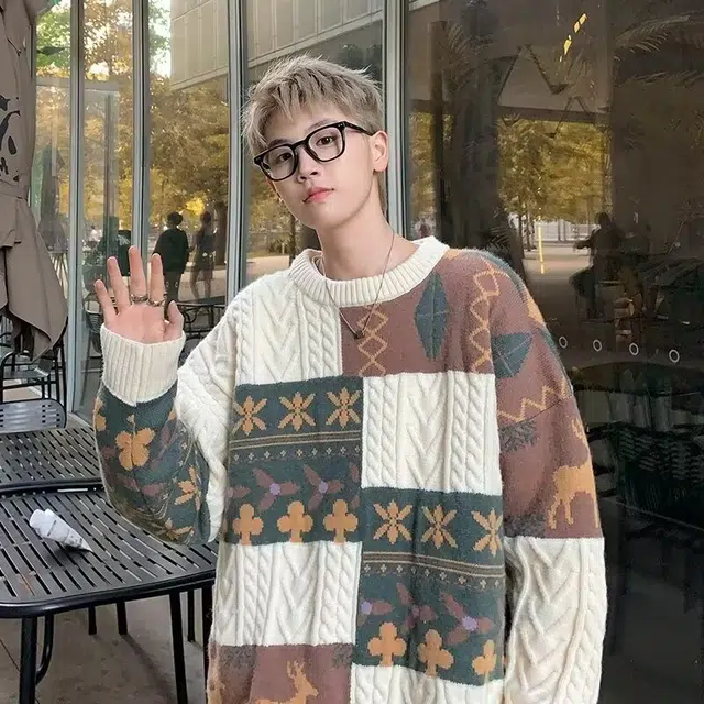 拾个壹先生 美式高街小众痞帅高级感潮牌厚款无性别主义穿搭亲肤柔软舒适时尚个性宽松休闲百搭设计复古慵懒风潮条纹直筒上衣针织衫 男女同款