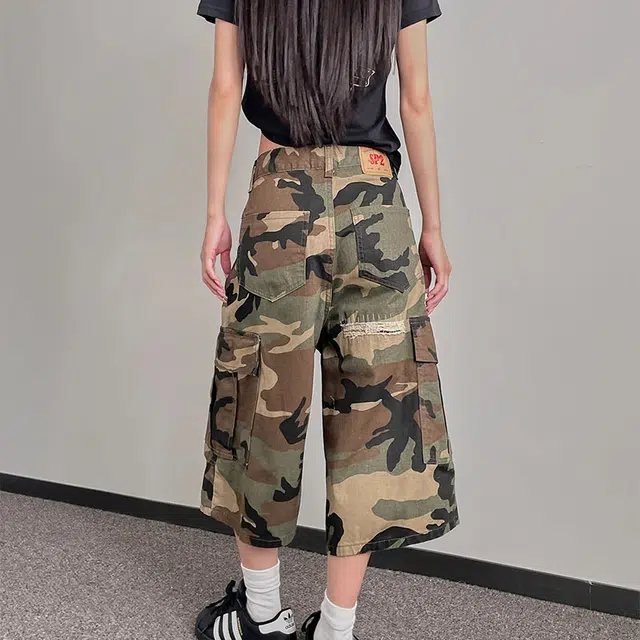 拾个壹先生 美式复古破洞补丁迷彩休闲宽松百搭七分裤牛仔短裤 男女同款